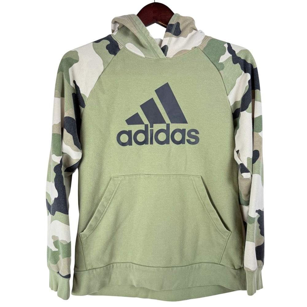 Adidas Hoodie Boys Large Green Camo Raglan Pullover Logo Gorpcore Streetwear